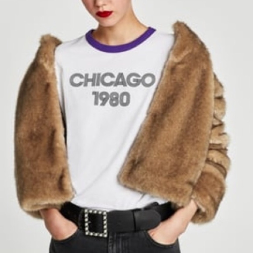 Zara White Ringer Baby Tee with Purple Trim "Chicago 1980"